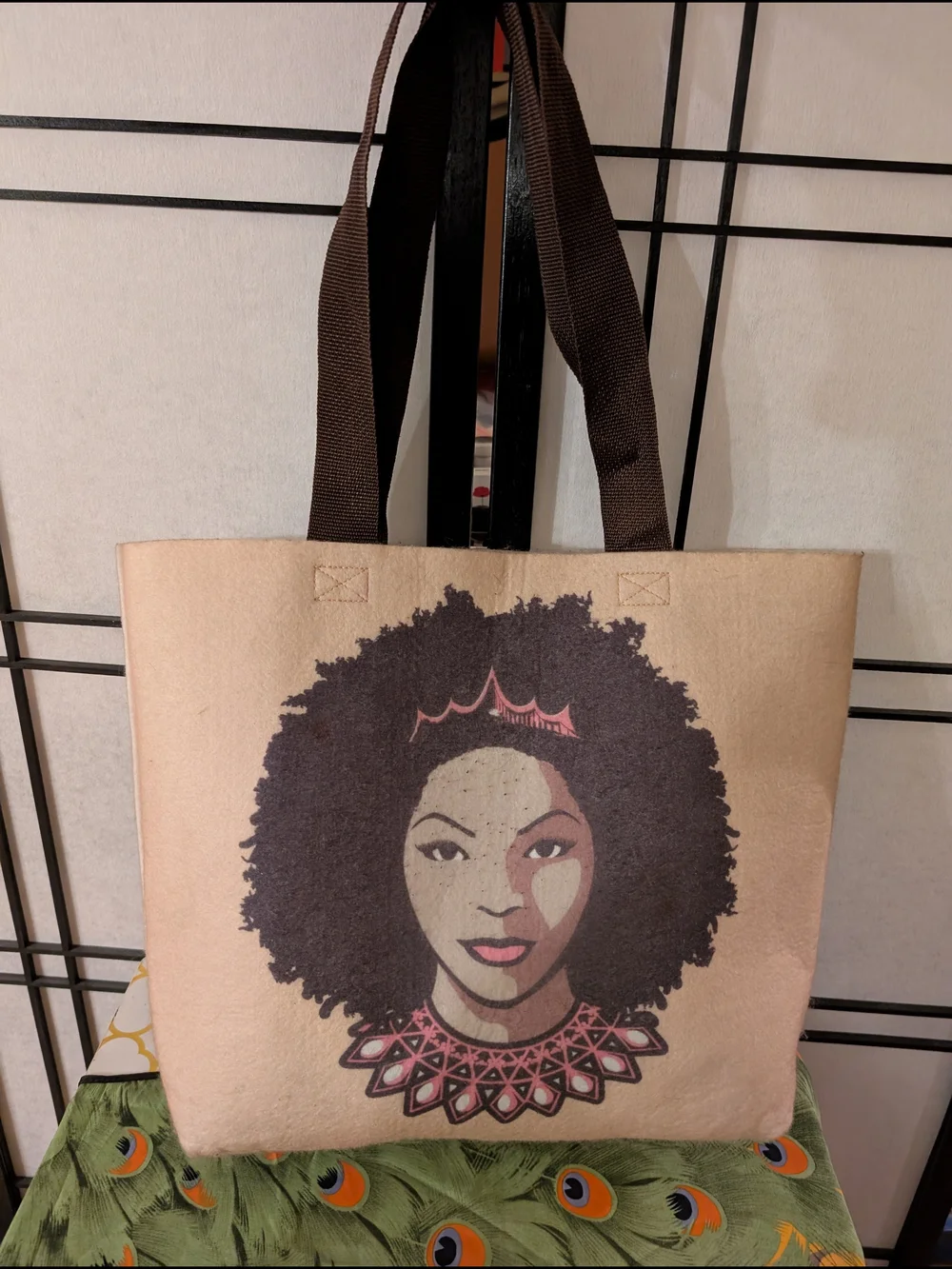 Felt Graphic Tote Bag | Natural & Brown | Large Everyday Shopper  Afro Art Print